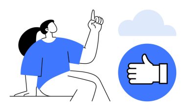 Oturan ve yukarı doğru işaret eden kadın figürü, mavi başparmak yukarı ikonu ve bulut. Motivasyon, onay, takım çalışması, pozitiflik, yaratıcılık, karar verici basit iniş sayfası için ideal