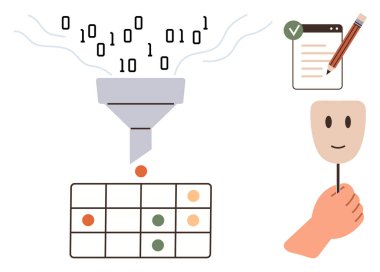 Huni işleme ikili girdileri düzenli şebekeye, kalem ile kontrol listesi ve yüz maskesi gösterimi. Veri işleme, organizasyon, kimlik yönetimi ve karar verme için ideal