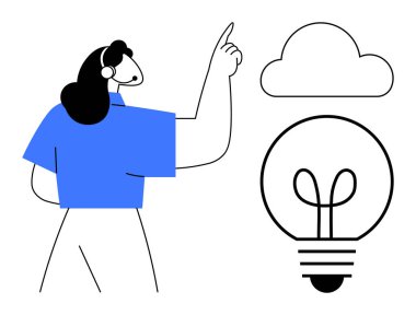 Bir ampulün üstündeki bulutu işaret eden bir kadın teknolojiyi yenilikle harmanlıyor. Takım çalışması, yaratıcılık, bulut hesaplama, teknoloji, beyin fırtınası, liderlik başlangıç kültürü için idealdir. Temiz daire