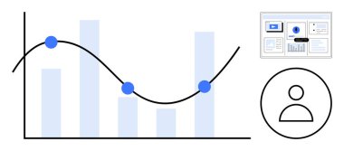 Çubuk grafiğinde işaretlenmiş noktaları, gösterge paneli arayüzünü ve kullanıcı simgesini gösteren çizgi grafiği. Analiz, iş stratejisi, kullanıcı davranışı, istatistik, pazarlama eğilimleri, proje izleme