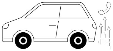 Araba yukarı doğru ok ve hareket, iletişim, yenilik, ilerleme, bağlantı ve teknolojiyi gösteren bir telefon eşliğinde. Ulaşım, telekom, araç paylaşımı sürdürülebilirlik ve zeka için ideal