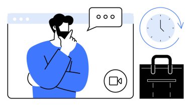 Konuşma balonu, saat ve evrak çantası ikonlarıyla görüntülü konuşma yaparken düşünceli bir adam. İletişim, zaman yönetimi, uzaktan çalışma, iş planlaması, dijital işbirliği, beyin fırtınası için ideal