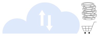 Yukarı ve aşağı okları olan bulut, bozuk para yığını, alışveriş arabası veri alışverişini, e-ticaret, bulut depolama, dijital finans, online alışveriş, iş dünyasının modern teknolojisini sembolize ediyor. Basit düz metafor