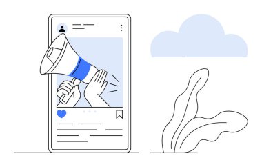 Akıllı telefon ekranından çıkan megafonla el ele tutuşmak, asgari dekor ile çevrili sosyal medya terfisini sembolize ediyor. Pazarlama, reklam, sosyal paylaşım, duyurular, markalaşma için ideal