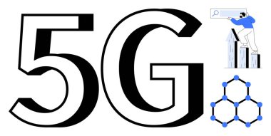 Kalın 5G metni, haritadaki verileri analiz eden adam, altıgen yapıyı molekülleri birleştiren adam. Teknoloji, bilim, yenilik, bağlantı, araştırma iletişimi dijital dönüşümü için idealdir. Basit.