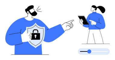 Gizlilik kalkanını kilitli tutan adam tableti kontrol eden kadını işaret ediyor. Yanında da kontrol düğmesi var. Siber güvenlik, gizlilik, takım işbirliği, veri koruması, dijital güvenlik, bilişim için ideal