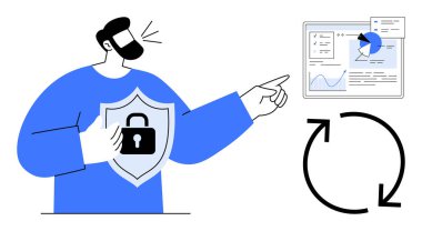 Elinde güvenli bir kalkan tutan adam, veri analiz grafiklerine dönüş okuyla işaret ediyor. Siber güvenlik, teknoloji, veri koruması, analitik, bilişim çözümleri, ağ güvenliği, basit iniş için ideal