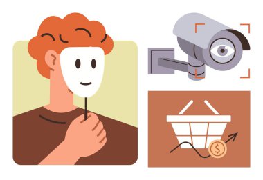 Maske tutan kişi, güvenlik kamerası monitörü ve satış büyümesi olan bir alışveriş sepeti. Gizlilik, gözetim, e-ticaret, veri analizi, siber güvenlik, anonimlik için ideal