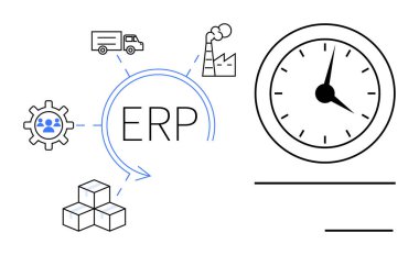 ERP sistemi ekipman, fabrika, kamyon, ambalaj kutuları ve saat ile bağlantılı, iş verimliliğini ve zaman yönetimini gösteriyor. Lojistik, tedarik zinciri, otomasyon entegrasyonu için ideal