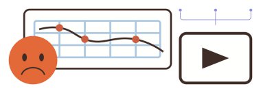 Eğilimli grafikler, kötü performansı sembolize eden üzgün yüz ve bir çalma tuşu. İş, analitik, finans, pazarlama, strateji veri kaybı medyası için ideal. Basit düz metafor