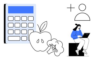 Laptop kullanan birinin yanında hesap makinesi, elma, brokoli. Finans, sağlık, eğitim, teknoloji, beslenme planlaması için ideal verimlilik, dengeli seçenekler sunar. Basit düz metafor