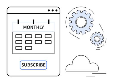 Abonelik düğmesi, birbirine bağlı vitesler ve bulut ögesi ile aylık takvim arayüzü. Planlama, otomasyon, abonelik, teknoloji, iş akışı, verimlilik yeniliği için ideal basit düz
