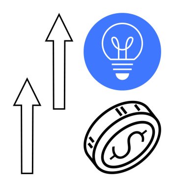 İki yukarı doğru ok, karı sembolize eden bir dolar para ve fikirler ve yenilik için mavi bir ampul. Girişimcilik, iş, strateji, yatırım, büyüme, yenilik için ideal basit bir iniş sayfası