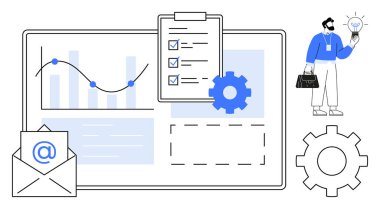 Veri noktaları, e-posta, panoda kontrol listesi, ampul tutan iş adamı, büyük teçhizat. Üretkenlik, strateji, yenilik, iletişim iş akışı yönetim veri analizi için ideal