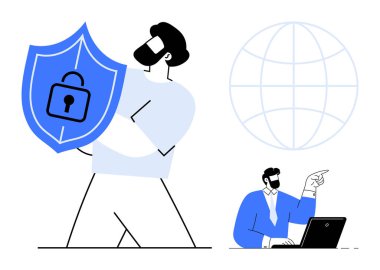 Kalkan elinde kilit sembolü olan bir kişi veri güvenliğini temsil ederken, diğeri de arka planda küresi olan bir dizüstü bilgisayar kullanıyor. Siber güvenlik, teknoloji, takım çalışması, güven ve strateji için ideal