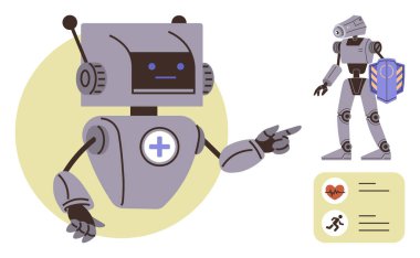 Kalp ve aktivite simgeleriyle tıbbi ve form veri ekranına doğru hareket eden robot. Sağlık teknolojisi, yapay zeka, fitness izleme, sağlık hizmetleri yeniliği, robotik, dijital