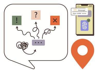 Soru işareti, ünlem ve konuşma balonunda çapraz semboller seçenekleri gösteriyor. Şifreli ve parmak izli akıllı telefon, harita şifresi. Güvenlik, mantık, navigasyon, strateji ve rehberlik için ideal