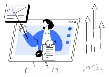 Çizelgeler, grafikler ve kontrol listesi kullanarak bilgisayar ekranında veri sunan kişi. Eğitim, iş büyümesi, uzak çalışma, takım işbirliği, veri analizi, öğrenme ve iletişim için ideal
