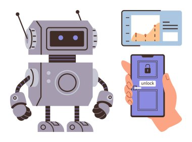 Robot, ekranın kilidini açan akıllı telefon, veri analiz paneli. Yapay zeka, teknoloji, otomasyon, makine eğitimi, robotik güvenlik gelecekteki teknoloji kavramları için idealdir. Basit düz metafor