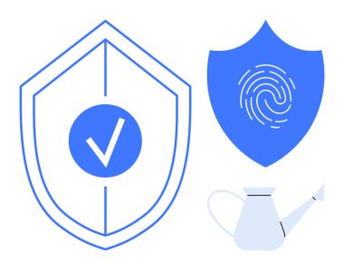 Parmak izi ve işaret simgelerine sahip kalkanlar güvenliği simgeler. Sulama ise büyüme ve bakım anlamına gelir. Siber güvenlik, veri koruması, kişisel güvenlik, büyüme, yetiştirme ve dijital için ideal