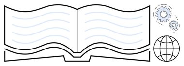 Akan sayfaları, yeniliği simgeleyen vitesleri ve dünya çapındaki bağlantıyı sembolize eden küreyi içeren açık bir kitap. Eğitim, küresel öğrenim, işbirliği, yenilik, bilim, okur yazarlık bilgisi için ideal