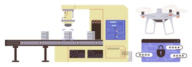 Otomatik makineli robot montaj hattı, uçan drone ve güvenli kart kilidi. Otomasyon, robot bilimi, teknoloji, siber güvenlik, verimlilik lojistiği için ideal. Basit düz metafor
