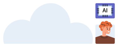 Büyük bulut simgesi, yapay zeka çipi, gülümseyen kullanıcı. Teknoloji, yapay zeka etkileşimi, veri depolama, bağlantı, yenilikçi kullanıcı bağlanma dijital dönüşümü için ideal. Basit düz metafor