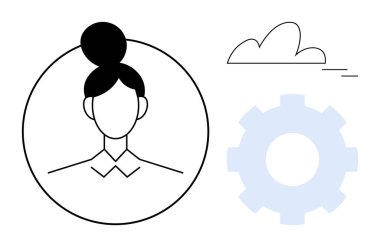 Bir kadın portresinin basitleştirilmiş halkası bir teçhizat ve bulutun yanında. Ağ oluşturma, teknoloji, profil, işbirliği, dijital beceriler, kişisel büyüme için ideal, basit düz metafor