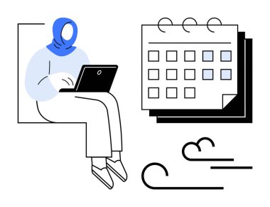 Başörtülü kadın dizüstü bilgisayar kullanıyor, takvim ve rüzgar çizgilerine yakın. Üretkenlik, zaman yönetimi, uzaktan çalışma, planlama, planlama, odaklanma iş stratejileri için idealdir. Minimalist düz metafor