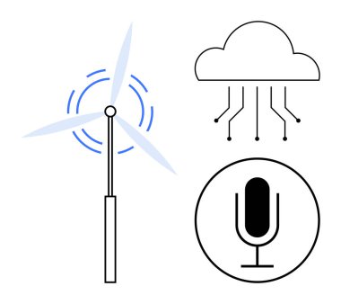 Rüzgar türbini enerji üretiyor, veri akışı ile bulut hesaplaması ve ses teknolojisini sembolize eden mikrofon. Sürdürülebilirlik, teknolojik yenilik, enerji, IOT, iletişim, AI sade iniş için ideal
