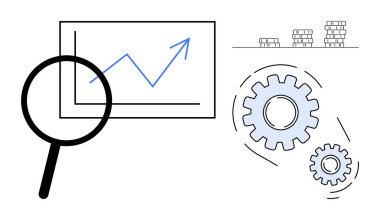 Büyüme grafiğinin üzerinde büyüteç, işlem optimizasyonu için dişliler, ve kar etmek için para yığınları. İş, analitik, planlama, strateji, yatırım operasyonu için ideal. A