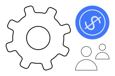 Bir dolar işareti ve takım çalışmasını, verimliliği, finansmanı, yönetimi ve stratejiyi sembolize eden iki kullanıcı simgesi içeren mavi daireli kalın dişli. İş, finans ve takım çalışması için ideal