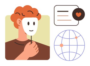 Kimlik küresini temsil eden bir maske tutan kişi bağlantı noktaları ile iletişim kurmayı sembolize eden küresel iletişim baloncuklarını simgeliyor. Kimlik, sosyal bağlantı ve çevrimiçi varlık için ideal