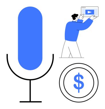 Büyük boy mikrofon, bozuk para ve video ekranı taşıyan biri. Podcasting, dijital pazarlama, yatırım, içerik oluşturma, para kazanma, görsel hikaye anlatma basit iniş sayfası