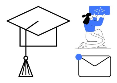 Mezuniyet şapkası, dizüstü bilgisayardaki kodlama, e-posta ikonu. Eğitim, çevrimiçi öğrenme, kodlama, kariyer, teknoloji, iletişim ve basit iniş sayfası için ideal