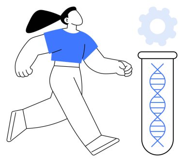 Görünür DNA ipliği ve teçhizatı olan bir test tüpüne doğru yürüyen bir kadın. Bilim, yenilik, biyoteknoloji, araştırma, genetik, eğitim ve ilerleme temaları için idealdir. Basit düz metafor