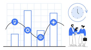 Mevsimlik simgelerin olduğu bar tablosu, moda çizelgesi, profesyoneller el sıkışıyor ve saat. Veri görselleştirme, iş eğilimleri, takım çalışması, mevsimsel planlama, zaman yönetimi stratejisi iletişimi için ideal