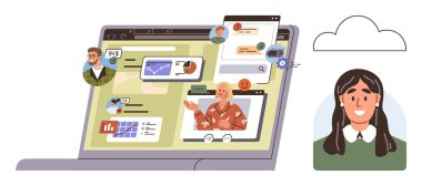 Takım çalışmasını ve dijital ağı vurgulayan çeşitli profiller, çizelgeler, mesajlar ve video çağrıları içeren bir dizüstü bilgisayar aç. İletişim, uzak çalışma, yenilik, proje yönetimi ve eğitim için ideal