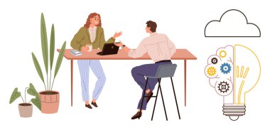 İki meslektaş bir masada saksı bitkileri, dizüstü bilgisayar ve yaratıcılığı sembolize eden bir ampul tasarımıyla fikirleri tartışıyor. Takım çalışması, yenilik, beyin fırtınası, üretkenlik, iletişim için ideal