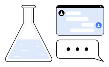 Cam şişe kısmen sıvı, mesaj baloncukları ve sohbet penceresiyle dolu. Bilim, eğitim, yenilik, işbirliği, dijital iletişim, araştırma ve basit bir iniş sayfası için ideal