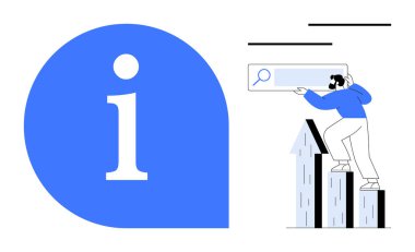 Yukarı doğru tırmanan bir adam büyüteç arama çubuğunu mavi şeklindeki büyük i 'nin yanında tutuyor. Veri analizi, araştırma, büyüme, başarı, strateji, bilgi ve erişilebilirlik için ideal. Basit.