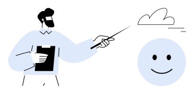 Pano tutan kişi, gülümseyen bulut simgesine işaret çubuğu kullanıyor. Takım çalışması, iletişim, eğitim, beyin fırtınası, iş stratejisi, eğitim, basit iniş sayfası için ideal