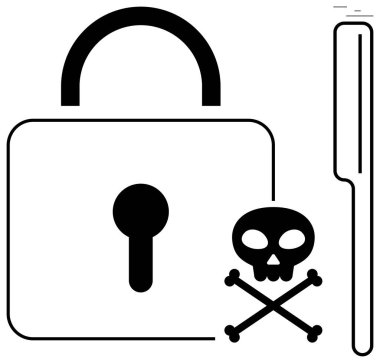 Asma kilit korumayı temsil eder. Çapraz kemikli kafatası tehlikeyi ya da siber tehdidi simgeler. Kötü amaçlı yazılım için dikey ipuçları. Siber güvenlik, veri koruması, hackleme, fidye yazılımı, uyarı için ideal.