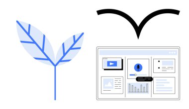 Ağ desenli yaprak, soyut tasarım unsuru ve çizelgeli dijital panel ve multimedya içeriği. Sürdürülebilirlik, teknoloji, yenilik, analiz, çevre, büyüme yaratıcılığı için ideal