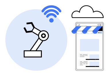 Kablosuz sembollü robot kol, bir bulut ve akıllı telefon arayüzü otomasyon, IoT ve e-ticaret. Teknoloji, yenilik, otomasyon, akıllı üretim bulutu için ideal