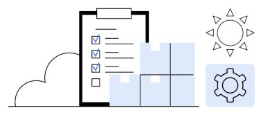 Kontrol işaretleri, dört kutu, güneş, vites simgesi ve organizasyonu, lojistiği ve sistem optimizasyonunu sembolize eden bulut listesi. Lojistik ve tedarik zinciri envanter planlaması için ideal
