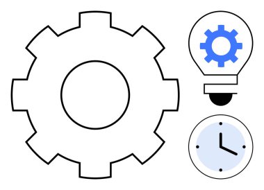 İnovasyon, fikir üretimi, verimlilik ve zaman yönetimini sembolize eden bir ampul ve saatle çevrili bir teçhizat. Takım çalışması, strateji, yaratıcılık, iş akışı planlaması için ideal
