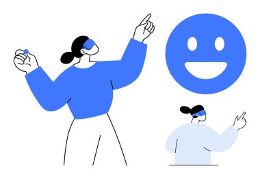 Sanal gerçeklik kulaklığıyla el kol hareketi yapan bir kadın, gülümseyen büyük bir yüz, yukarıya bakan başka bir figür. Yenilik için ideal, teknoloji, yaratıcılık, pozitiflik, iletişim, eğitim için basit iniş