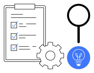 Kontrol işaretli kontrol listesi, verimlilik için teçhizat araştırma için büyüteç ve yenilik için ampul. Organizasyon, strateji, geliştirme, araştırma, üretkenlik planlaması için ideal basit