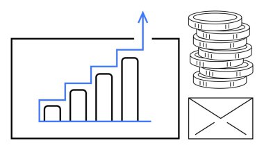 Büyümeyi gösteren yukarı doğru ok çizelgesi, finansal başarıyı temsil eden bozuk para yığını ve iletişim için zarf. İş, finans, yatırım, analitik, pazarlama ve strateji için ideal